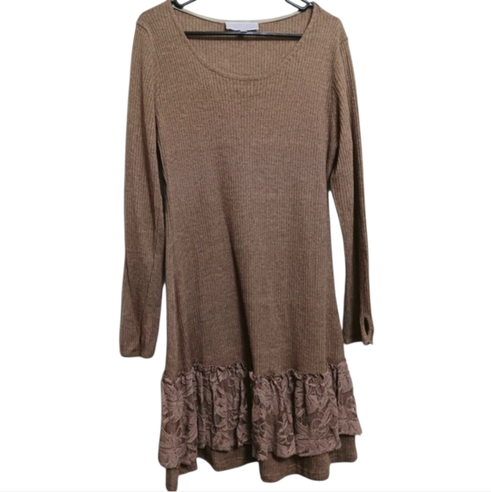 Pretty Angel Brown Ribbed Lace Ruffle Linen Blend Sweater Dress